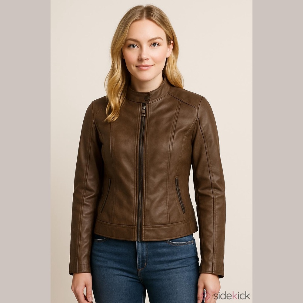 Skinnygirl Brown Faux Leather Moto Jacket Size XS Front and Back Zip Pockets NWT